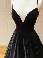 Prom Dress For Short Girl, Black A-Line Velvet Long Prom Dresses, Black Evening Dresses
