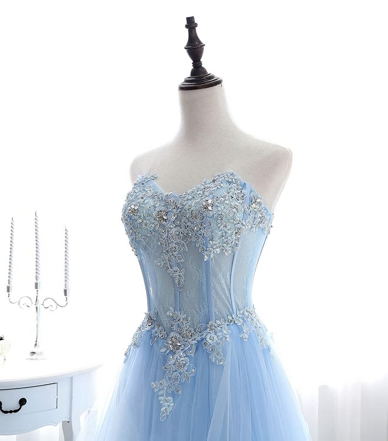 Party Dresses For Wedding, Light Blue Tulle Lace Long Prom Dress, Formal Dress