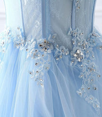 Party Dresses For Weddings, Light Blue Tulle Lace Long Prom Dress, Formal Dress
