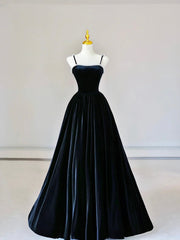 Formal Dresses Australia, Spaghetti Strap Velvet Long Prom Dress with Pearls, Black Evening Dress Party Dress