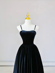 Formal Dress Long Sleeve, Spaghetti Strap Velvet Long Prom Dress with Pearls, Black Evening Dress Party Dress