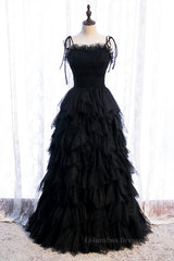 Prom Dress 2051, Black A-line Bow Tie Shoulder Ruffle-Layers Maxi Formal Dress