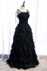 Prom Dress Idea, Black A-line Bow Tie Shoulder Ruffle-Layers Maxi Formal Dress