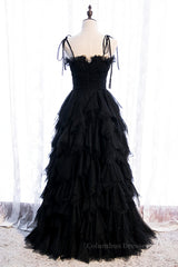 Prom Dress Fabric, Black A-line Bow Tie Shoulder Ruffle-Layers Maxi Formal Dress