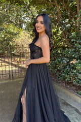 Black A-Line Corset Long Prom Dress with Slit