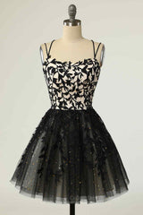 Plu Size Wedding Dress, Black A-line Double Spaghetti Straps Lace-Up Applique Mini Homecoming Dress