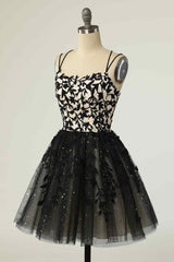 Bachelorette Party, Black A-line Double Spaghetti Straps Lace-Up Applique Mini Homecoming Dress