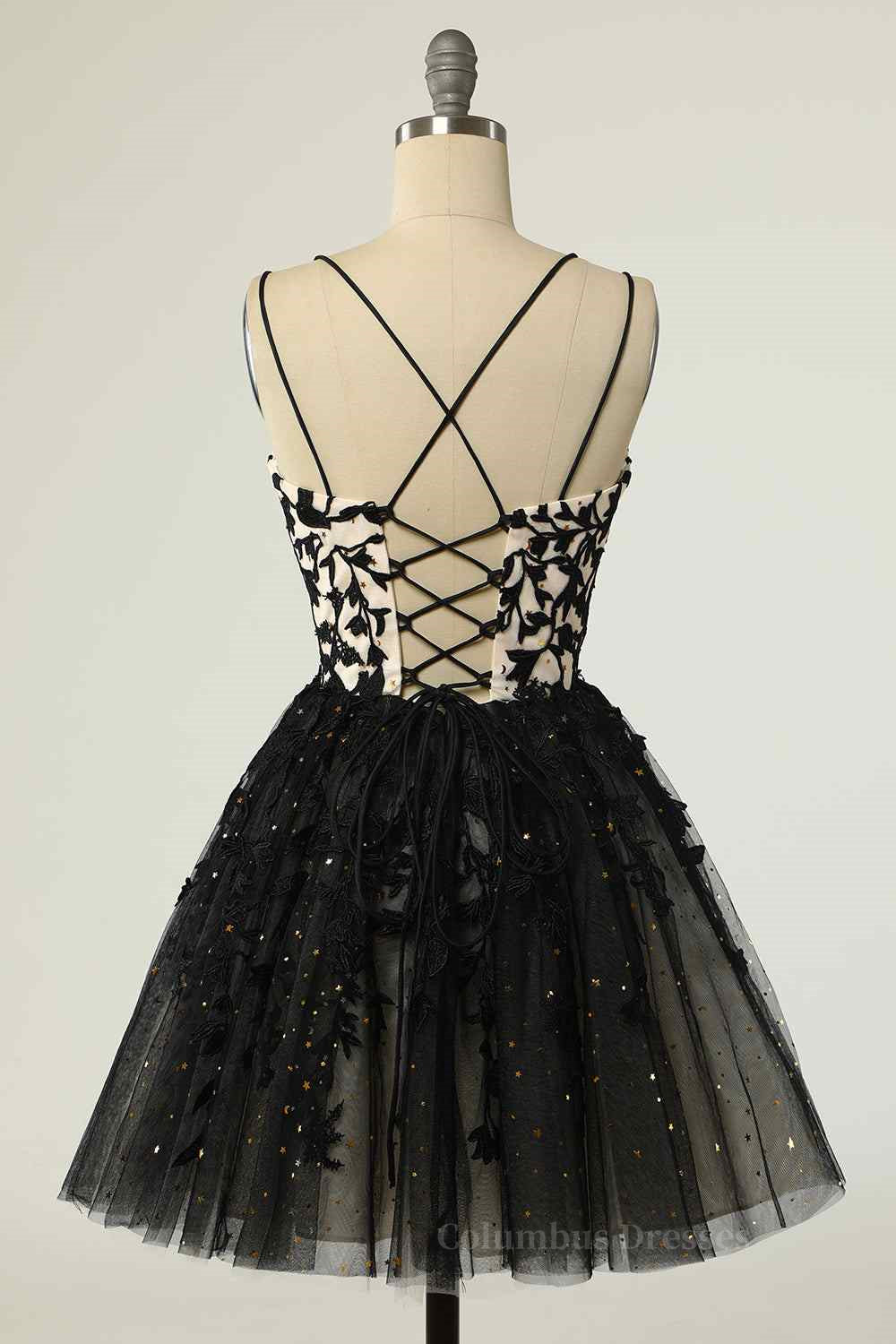 Bridesmaid Dresses Photos Gallery, Black A-line Double Spaghetti Straps Lace-Up Applique Mini Homecoming Dress