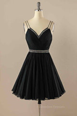 Party Dress Long Dress, Black A-line Double Straps Pleated Beaded Chiffon Mini Homecoming Dress