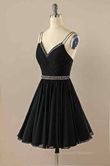 Party Dresses Express, Black A-line Double Straps Pleated Beaded Chiffon Mini Homecoming Dress