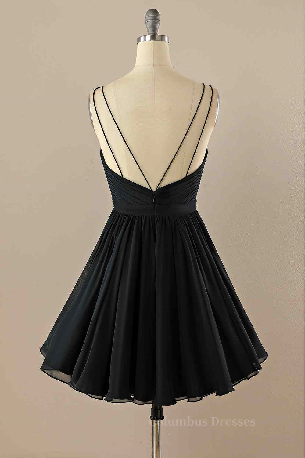 Party Dress Express, Black A-line Double Straps Pleated Beaded Chiffon Mini Homecoming Dress