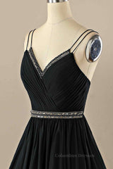 Party Dress And Style, Black A-line Double Straps Pleated Beaded Chiffon Mini Homecoming Dress