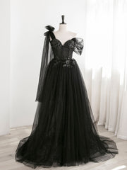 Bridesmaids Dress Fall, Black A line one Shoulder Tulle Long Prom Dresses, Black Tulle Formal Dresses