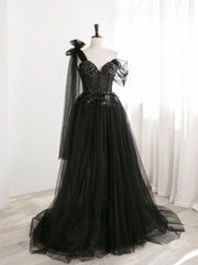 Bridesmaid Dress Fall, Black A line one Shoulder Tulle Long Prom Dresses, Black Tulle Formal Dresses
