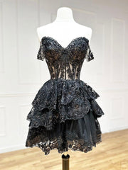 Formal Dress For Weddings, Black A-Line Sequin Tulle Short Prom Dress, Black Homecoming Dress