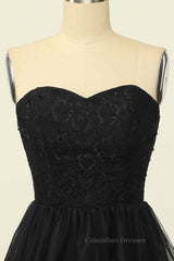 Bridesmaids Dresses Short, Black A-line Strapless Lace Beaded Lace-Up Back Mini Homecoming Dress