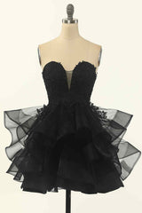 Party Dresses Idea, Black A-line Strapless V Neck Applique Multi-Layers Mini Homecoming Dress