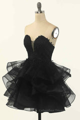 Party Dresses Ideas, Black A-line Strapless V Neck Applique Multi-Layers Mini Homecoming Dress