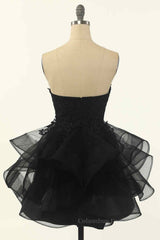 Party Dress A Line, Black A-line Strapless V Neck Applique Multi-Layers Mini Homecoming Dress