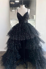 Short Dress, Black A-Line Tulle High Low Prom Dress, V-Neck Evening Party Dress