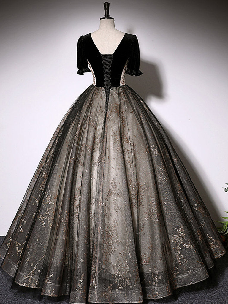 Formal Dresses Ball Gown, Black A-Line Tulle Lace Long Prom Dress, Black Lace Formal Dress