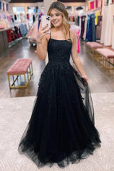 Black A-Line Tulle Long Prom Dress with Lace