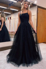 Black A-Line Tulle Long Prom Dress with Lace