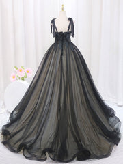 Evening Dress Petite, Black A-Line Tulle Long Prom Dresses, Black Tulle Formal Evening Dress