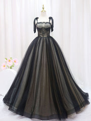 Evening Dresses Petite, Black A-Line Tulle Long Prom Dresses, Black Tulle Formal Evening Dress