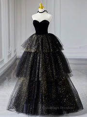 Ballgown, Black  A-Line Tulle Shiny Tulle Long Prom Dress, Black Tulle Formal Dresses