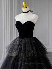 Long Dress Design, Black  A-Line Tulle Shiny Tulle Long Prom Dress, Black Tulle Formal Dresses