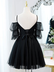 Bridesmaid Dress Sale, Black A line V Neck Lace Short/Mini Prom Dress, Black Puffy Homecoming Dresses