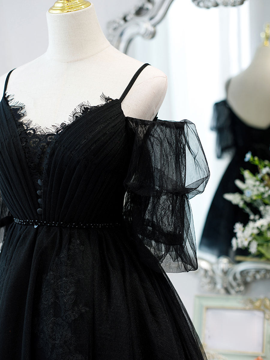 Bridesmaid Dress Custom, Black A line V Neck Lace Short/Mini Prom Dress, Black Puffy Homecoming Dresses