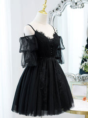 Bridesmaid Dresses Beach, Black A line V Neck Lace Short/Mini Prom Dress, Black Puffy Homecoming Dresses