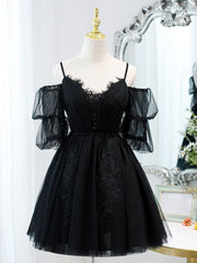 Bridesmaid Dress Shops, Black A line V Neck Lace Short/Mini Prom Dress, Black Puffy Homecoming Dresses