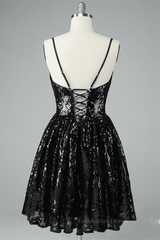 Design Dress Casual, Black A-line V Neck Lace-Up Back Sequins-Embroidered Mini Dress