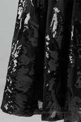 Sweater Dress, Black A-line V Neck Lace-Up Back Sequins-Embroidered Mini Dress