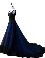 Prom Dresses Off The Shoulder, Black and Blue V-neckline Lace Applique Long Formal Dress, Black and Blue Prom Dress