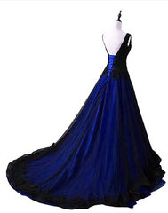 Prom Dresses Beautiful, Black and Blue V-neckline Lace Applique Long Formal Dress, Black and Blue Prom Dress