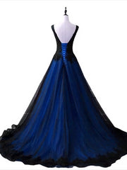 Prom Dress Classy, Black and Blue V-neckline Lace Applique Long Formal Dress, Black and Blue Prom Dress