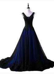 Prom Dresses 2021, Black and Blue V-neckline Lace Applique Long Formal Dress, Black and Blue Prom Dress