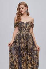 Party Dress Pink, Black and Brown Floral Print Off-the-Shoulder A-Line Long Prom Dress