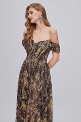 Party Dresses Short Clubwear, Black and Brown Floral Print Off-the-Shoulder A-Line Long Prom Dress