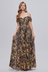 Party Dress Miami, Black and Brown Floral Print Off-the-Shoulder A-Line Long Prom Dress
