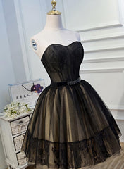 Prom Dresses Chiffon, Black and Champagne Tulle Sweetheart Lace Short Party Dress, Tulle Homecoming Dresses
