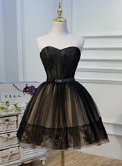 Prom Dresses Shorts, Black and Champagne Tulle Sweetheart Lace Short Party Dress, Tulle Homecoming Dresses