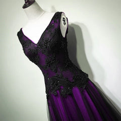 Beach Wedding Dress, Black and Purple V-neckline A-line Prom Dress, Tulle with Lace Party Dress