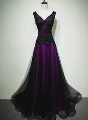 Spring Wedding, Black and Purple V-neckline A-line Prom Dress, Tulle with Lace Party Dress