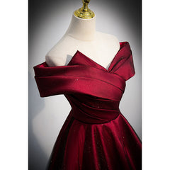 Party Dresses Fall, Black and Red Satin Off Shoulder Long Junior Prom Dress, A-line Satin Party Dress