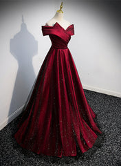 Party Dress For Ladies, Black and Red Satin Off Shoulder Long Junior Prom Dress, A-line Satin Party Dress